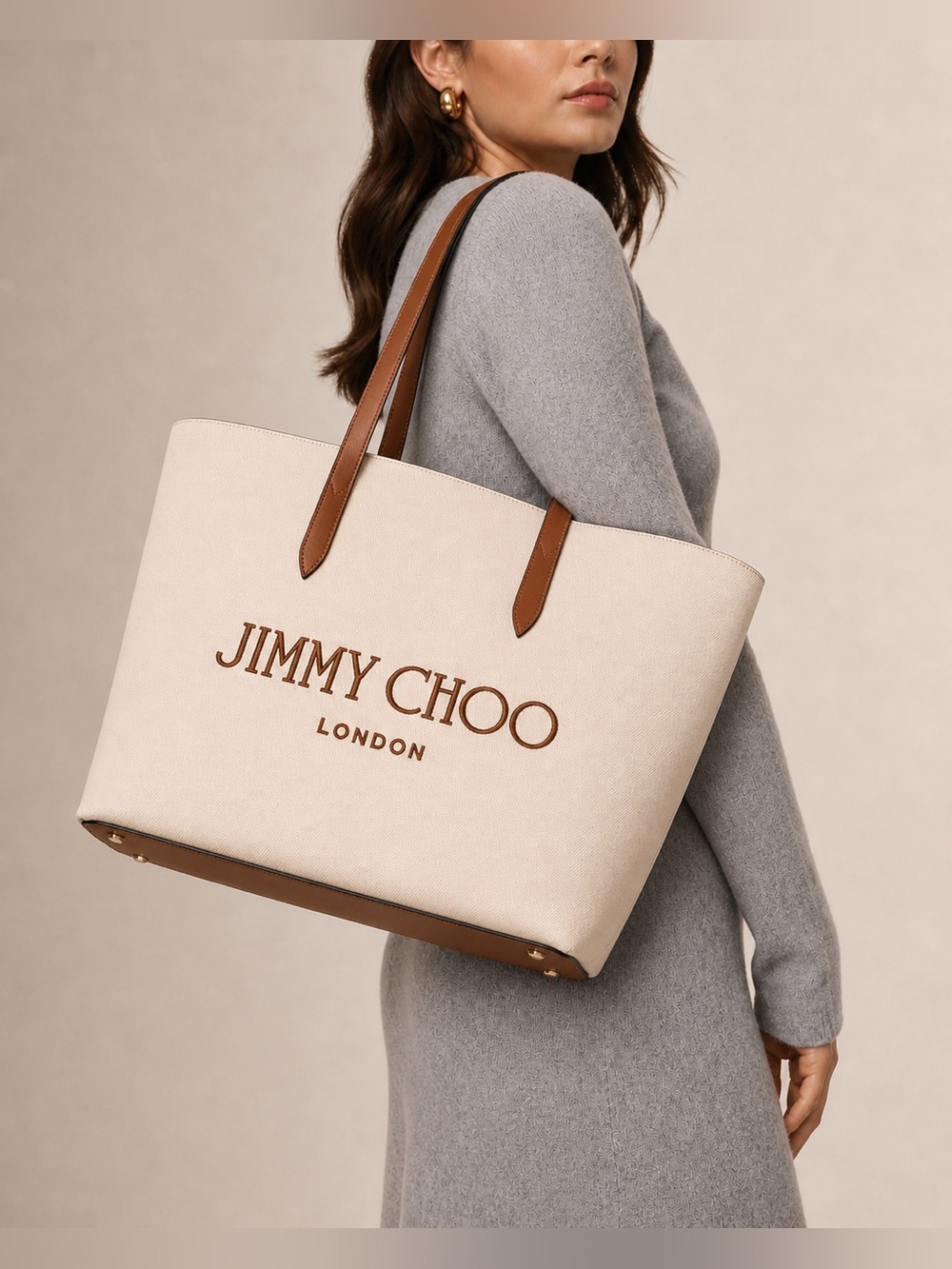 Jimmy Choo Canvas Logo Tote Ecru Tan NEW - Picture 4 of 17